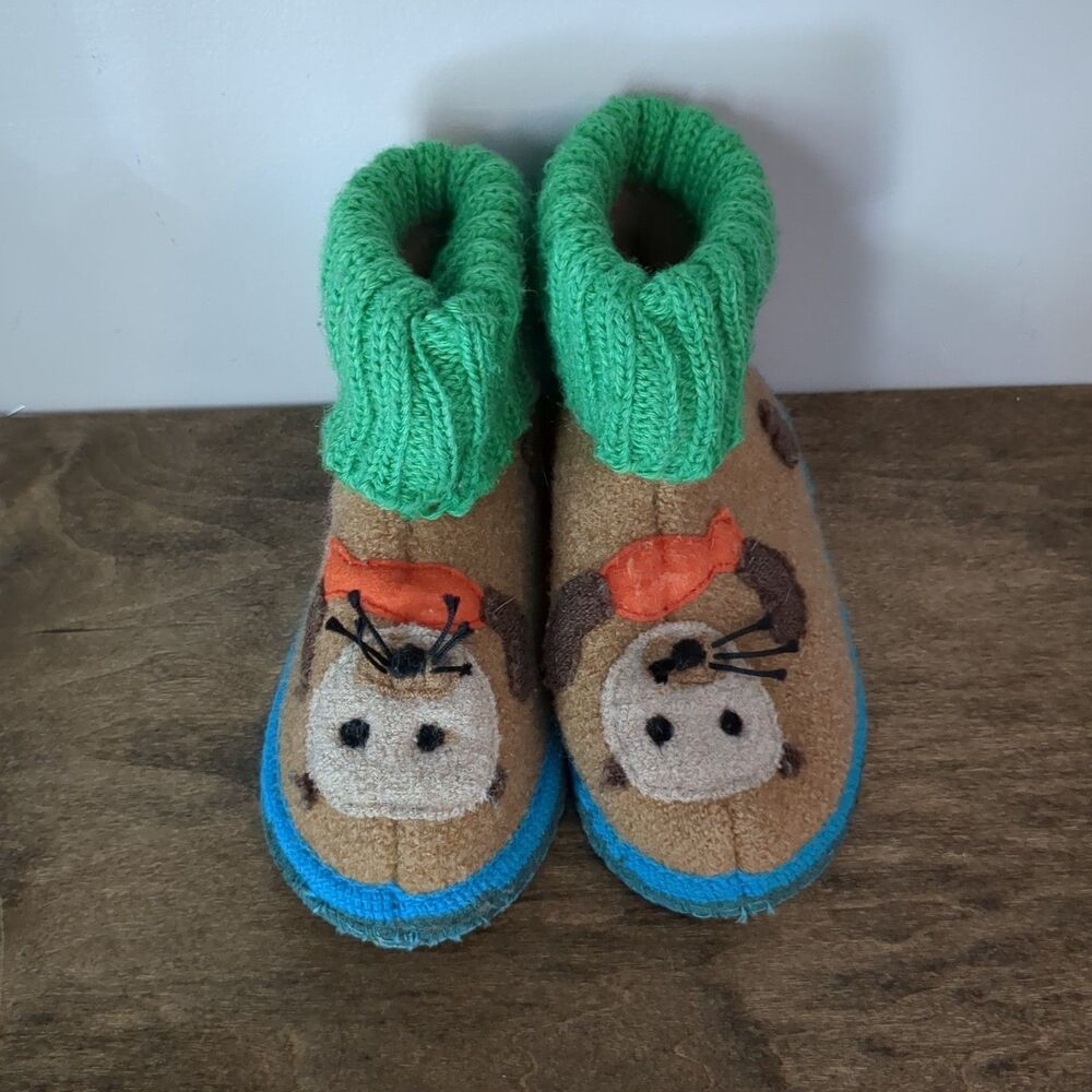 Garnet Hill Otter Fish Brown Green Boiled Wool Slipper Booties - Toddler Size 10